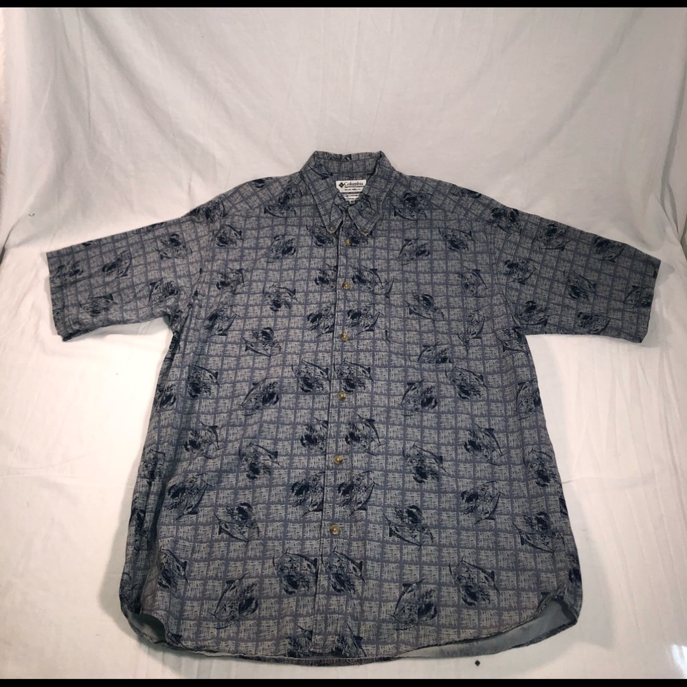 Men’s Columbia Fish Short Sleeve Casual Button Up Shirt Size XL Blue White - Picture 1 of 4